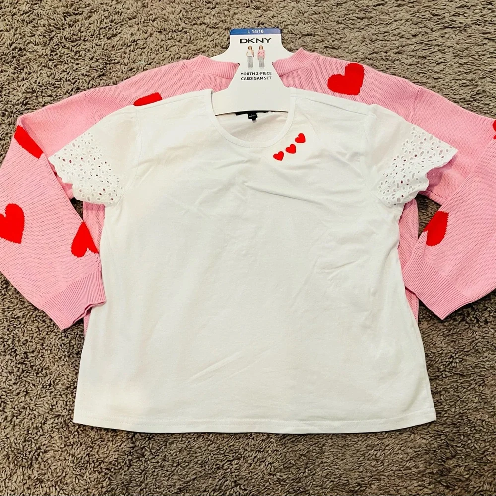 DKNY Pink and Red Hearts Cardigan with White T-shirt NEW